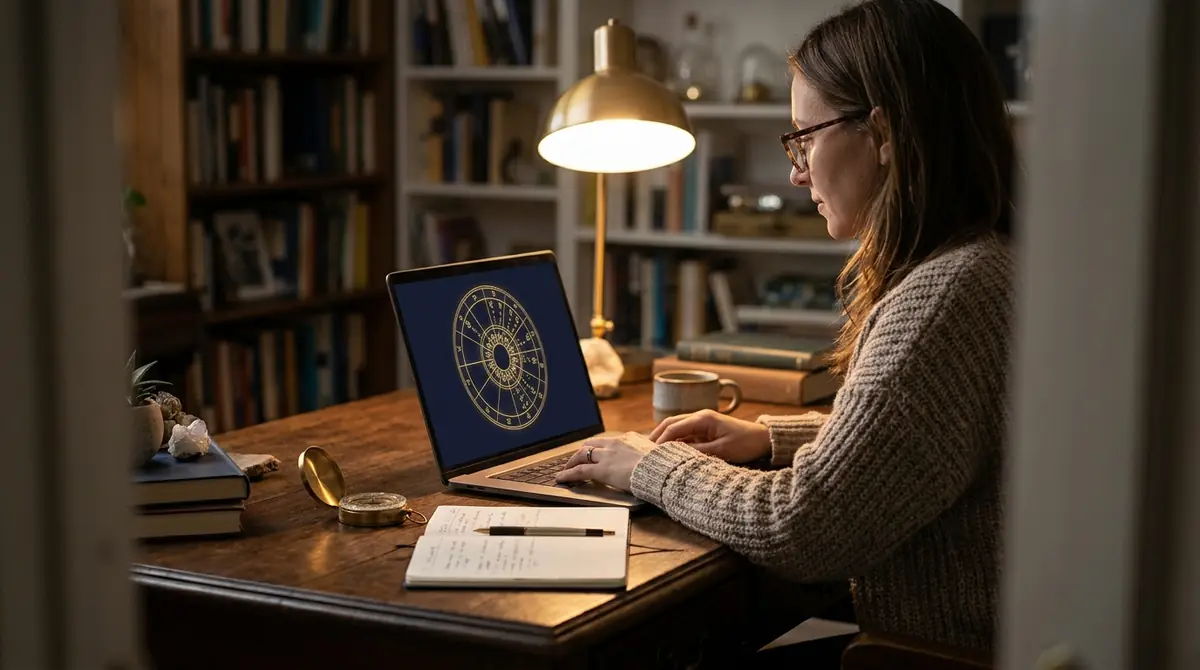 Astrolog arbetar med ett födelsediagram med böcker och laptop